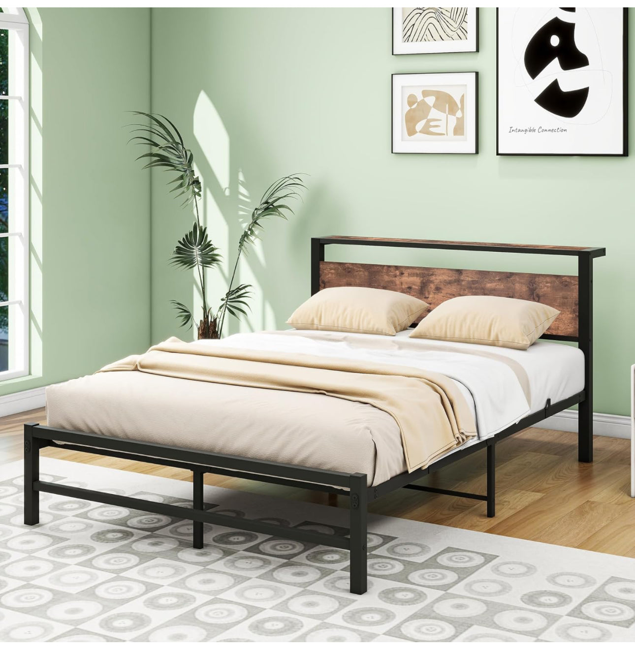 Double Bed Frame with Wood Storage Headboard