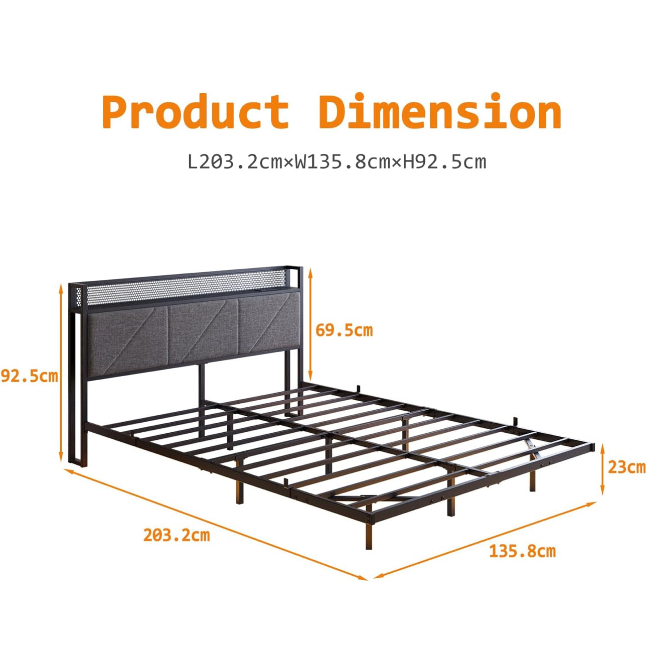 Floating Double Bed Frame with LED Lights & USB Charging Station, 135x190cm