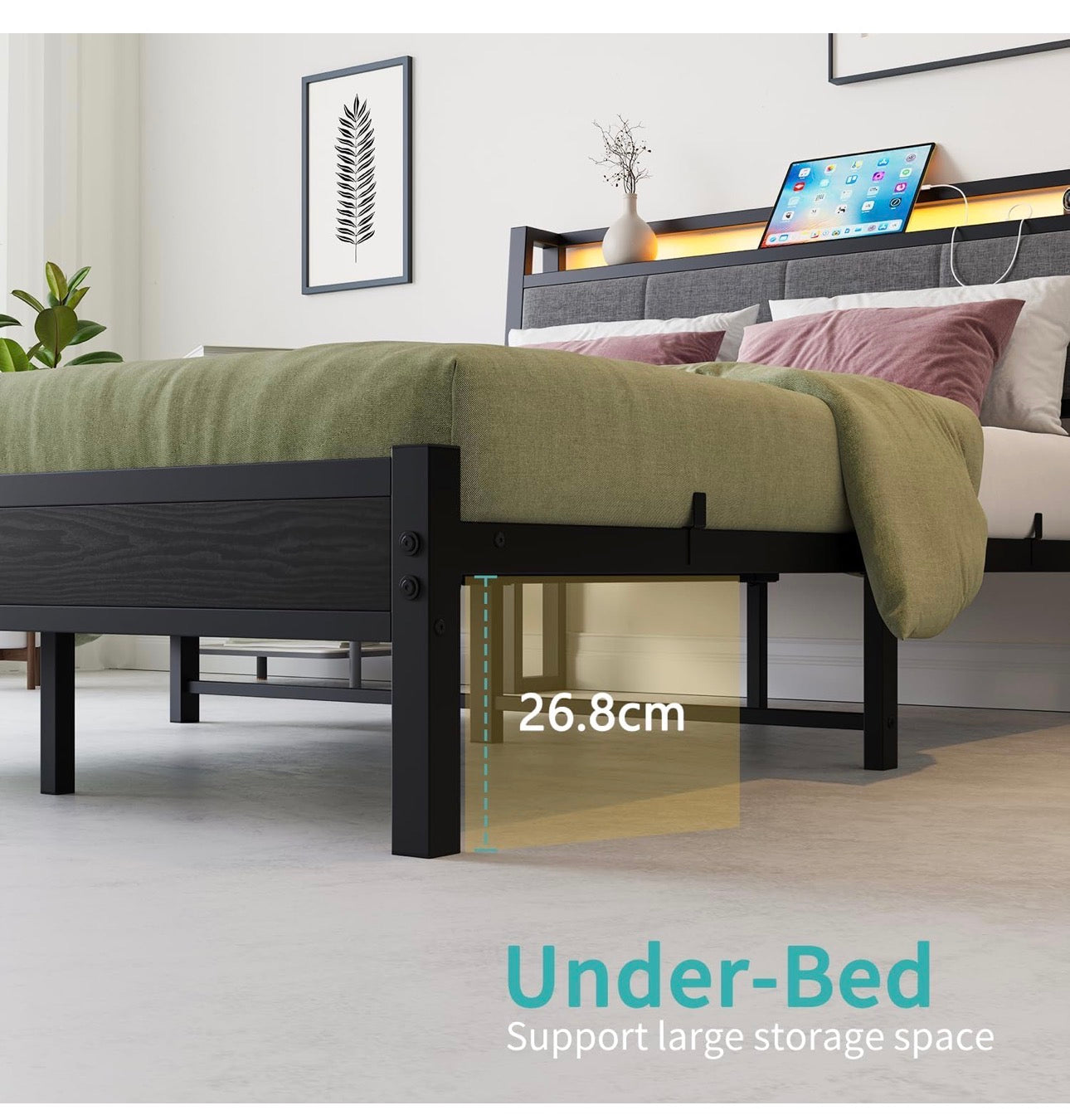 Bed Frame, 4FT6 Bed Frame Ergonomics Double with Charging Station and LED Lights, Heavy Duty Platform Full Bed with Fabric Storage Sloped Headboard, No Box Spring Needed, (Black)