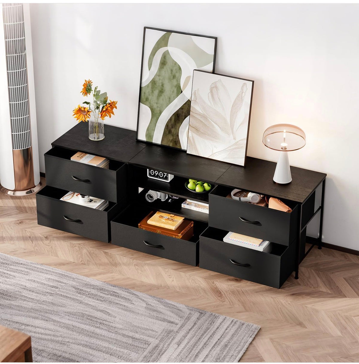 TV Stand Cabinet, TV Unit with 5 Drawers, 140 cm, All Black
TV Console Table with Storage Organizers, Entertainment Center with Open Shelf for Living Room, Bedroom
