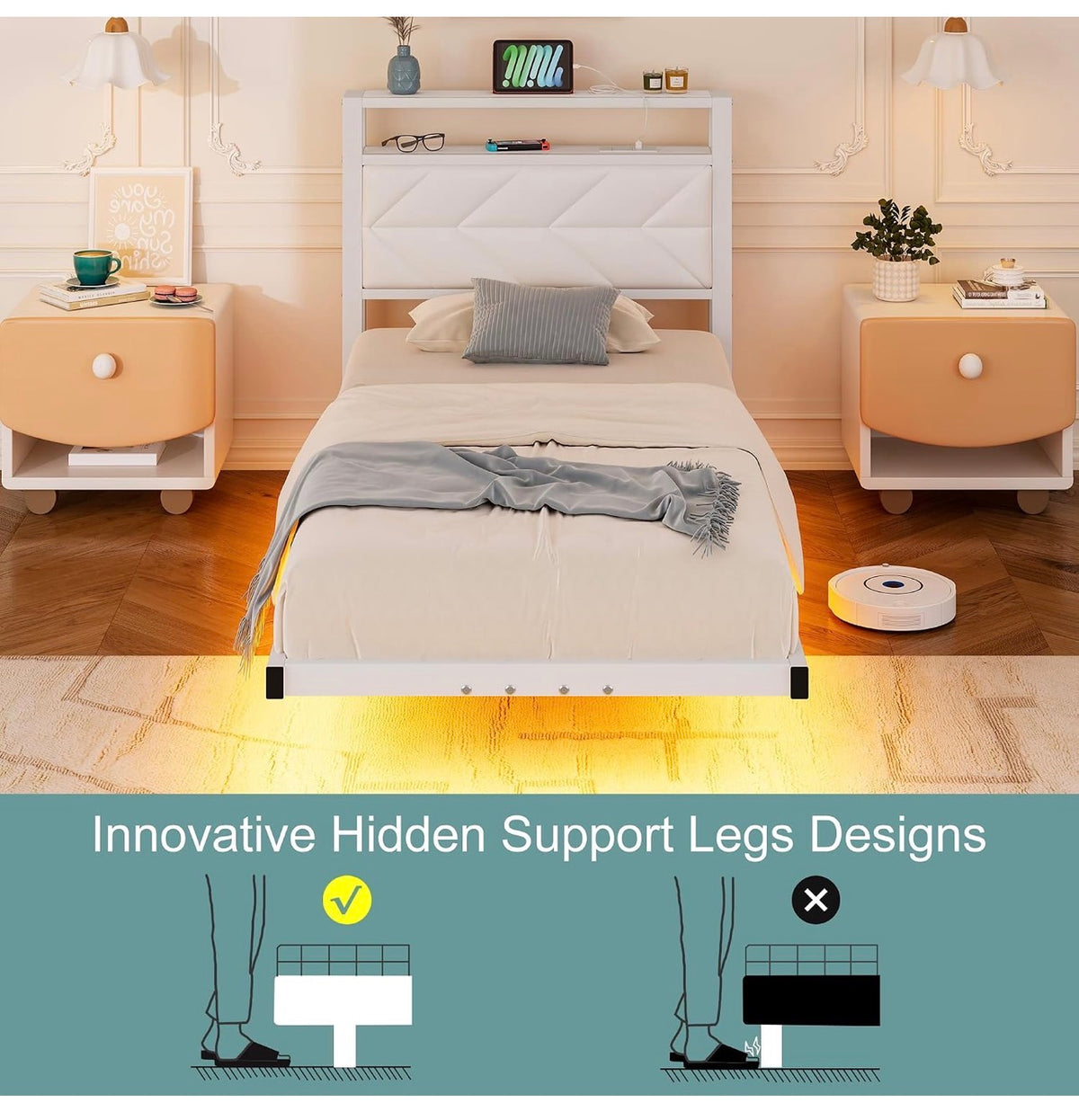 Metal Bed Frame with LED Lights and Charging Station, Heavy Duty Metal Slat Support, Noise Free, No Box Spring Needed