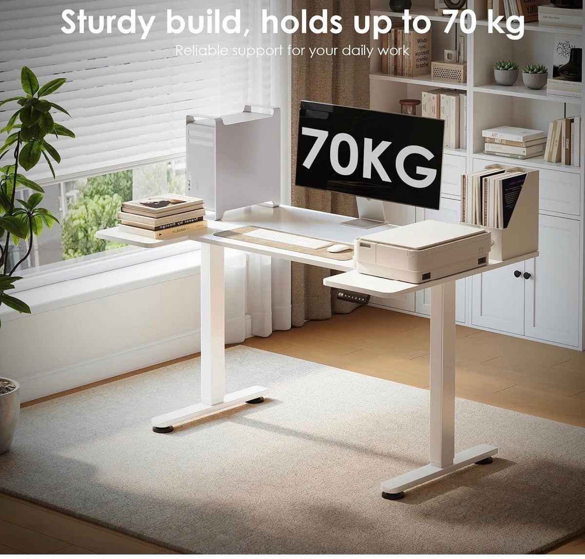 Height-adjustable desk with memory function, 140 x 70 cm, white
U shape table top, 2 memory settings, height-adjustable desk, quiet motor, 72-118 cm adjustable