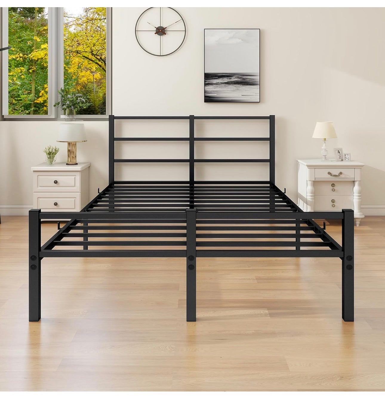 4ft6 Double Bed Frame with Headboard, Metal Slats Support Platform Bed Frames Double Bed with Storage Under Bed, Enhanced Support Stable Easy Assembly, Noise Free, No Box Spring Needed, Black
