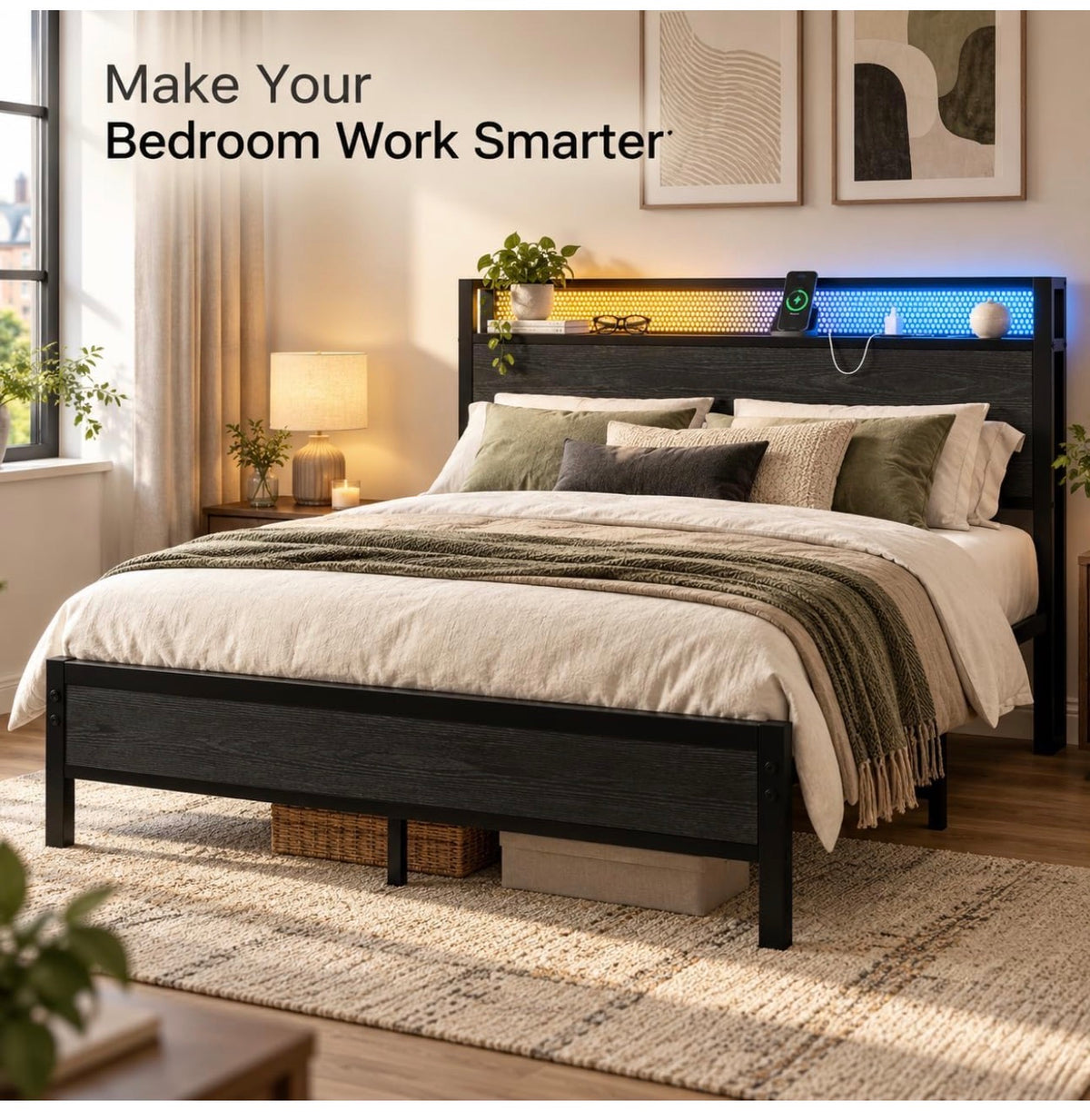 Double Bed Frame with LED Lights Storage Headboard,4ft6 Metal Bed Frame Double Bed with Charging Station,Strong Steel Slats Support,Underbed Storage,Noise Free,Black Bed 135x190cm