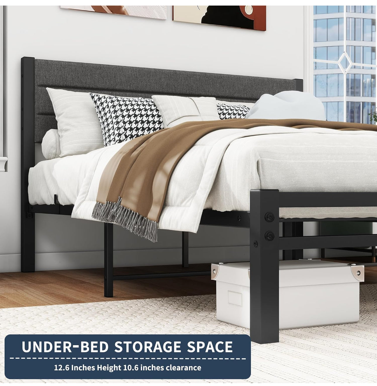 Double Bed Frame with Storage Upholstered Headboard