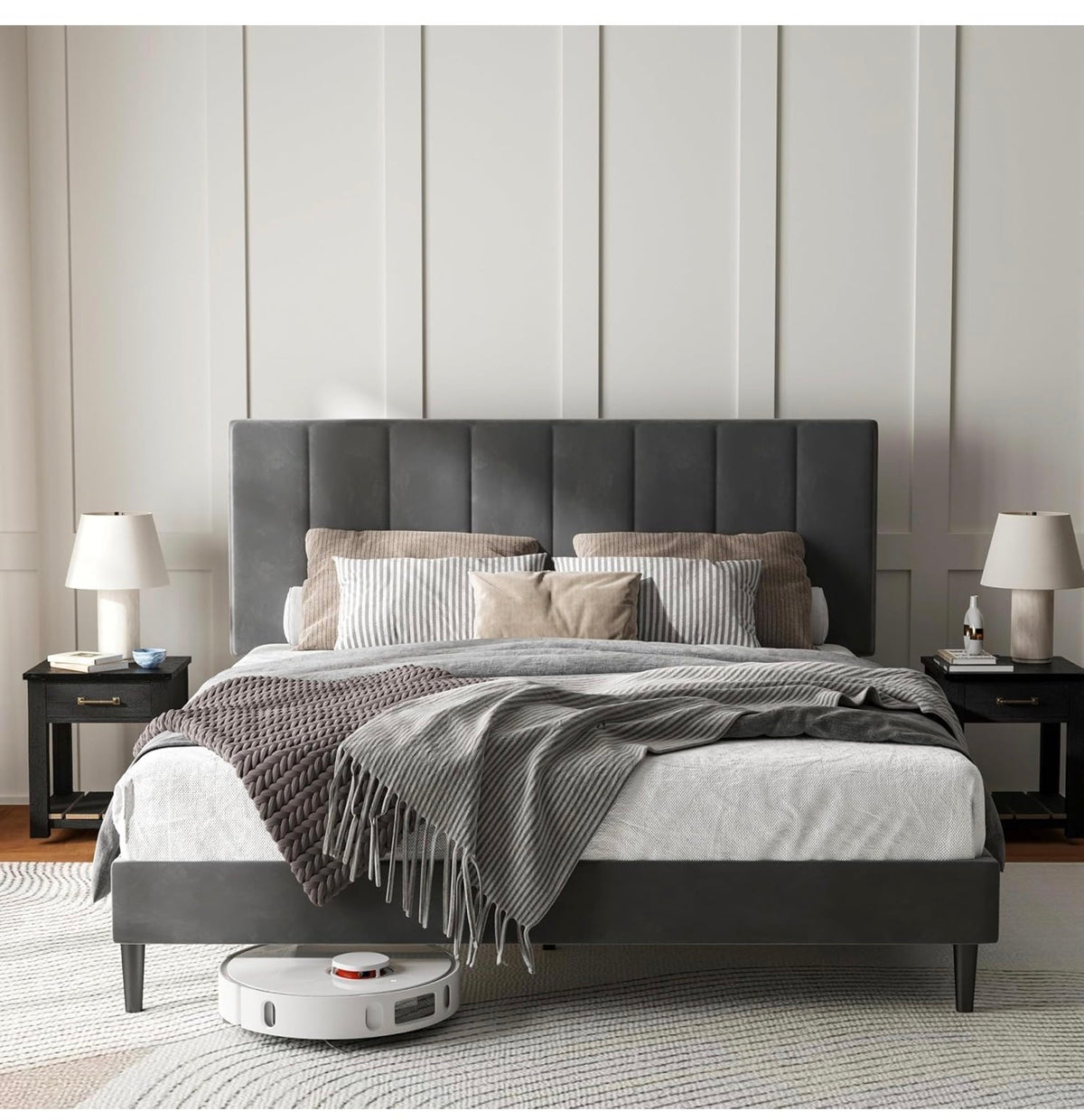 4ft Small Double Bed Frame with Velvet Upholstered Headboard, Grey
Upholstered, Solid slats Support, No Box Spring Needed, Easy Assembly,Underbed Storage,ideal for bedrooms, apartments