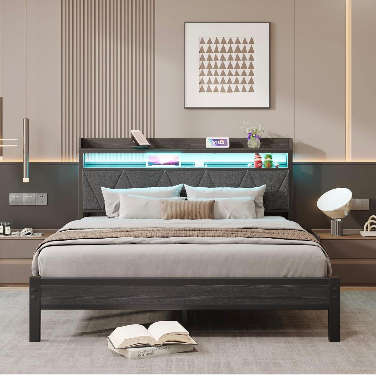 King Size Bed Frames with 5ft Upholstered Wooden Two-shelf Storage Headboard, Charging Station,LED Lights, 150x200 cm Heavy Duty Metal Platform Bed Kingsize,No Box Spring Needed,Grey