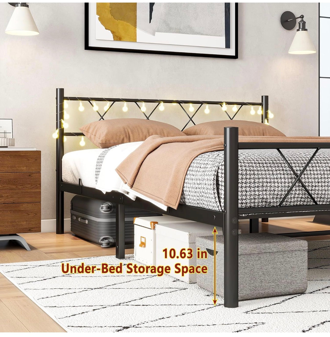 King Size Bed Frame with Headboard & lights,5ft Me