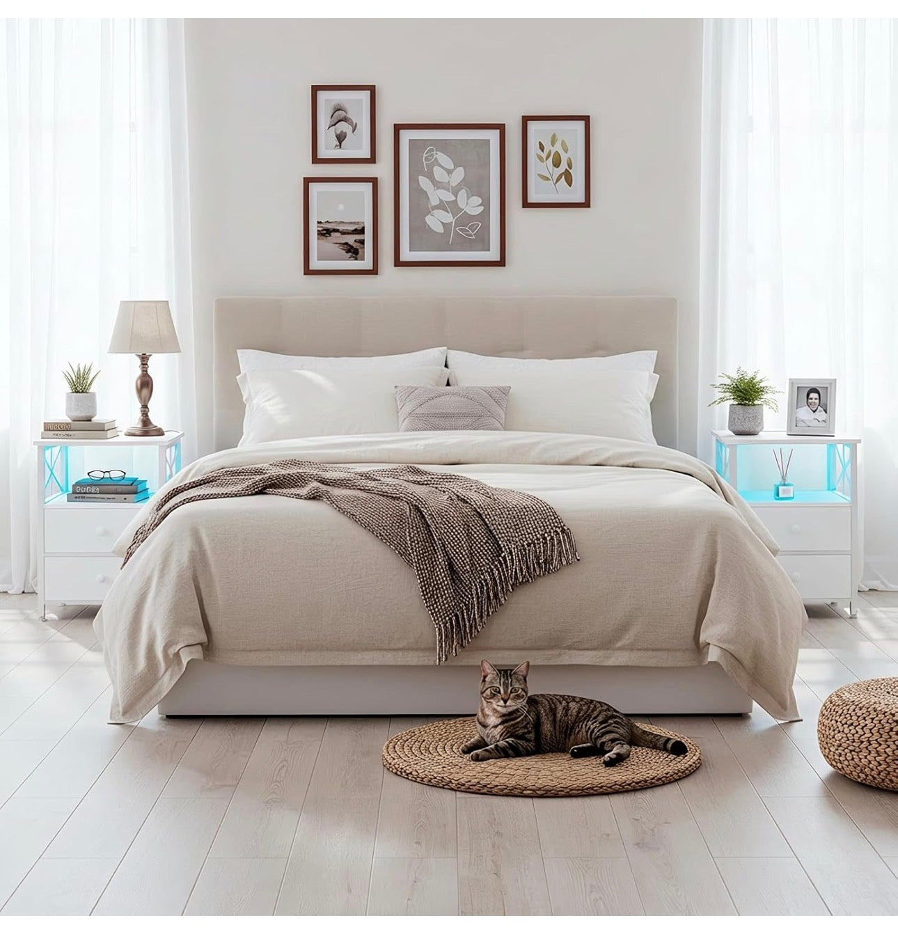 Bedside Table Set of 2, Side Table with Charging Station and Led Lights, Bedside Cabinet with 2 Fabric Storage Drawers, Sofa Side Table, Nightstand for Living Room, Bedroom, White