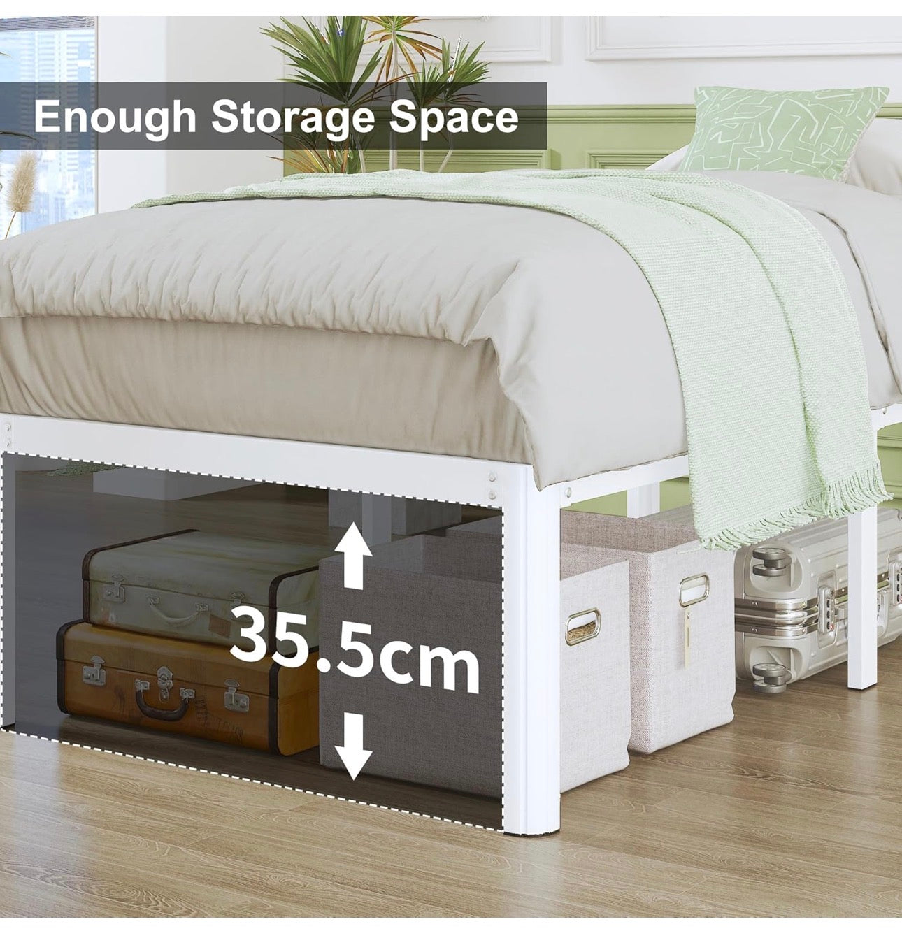 41 cm King Size Bed Frame with Rounded Corner Legs, 5ft Metal Platform Bed Frames King Size with Storage Space Underneath, No Noise, Easy Assembly, White