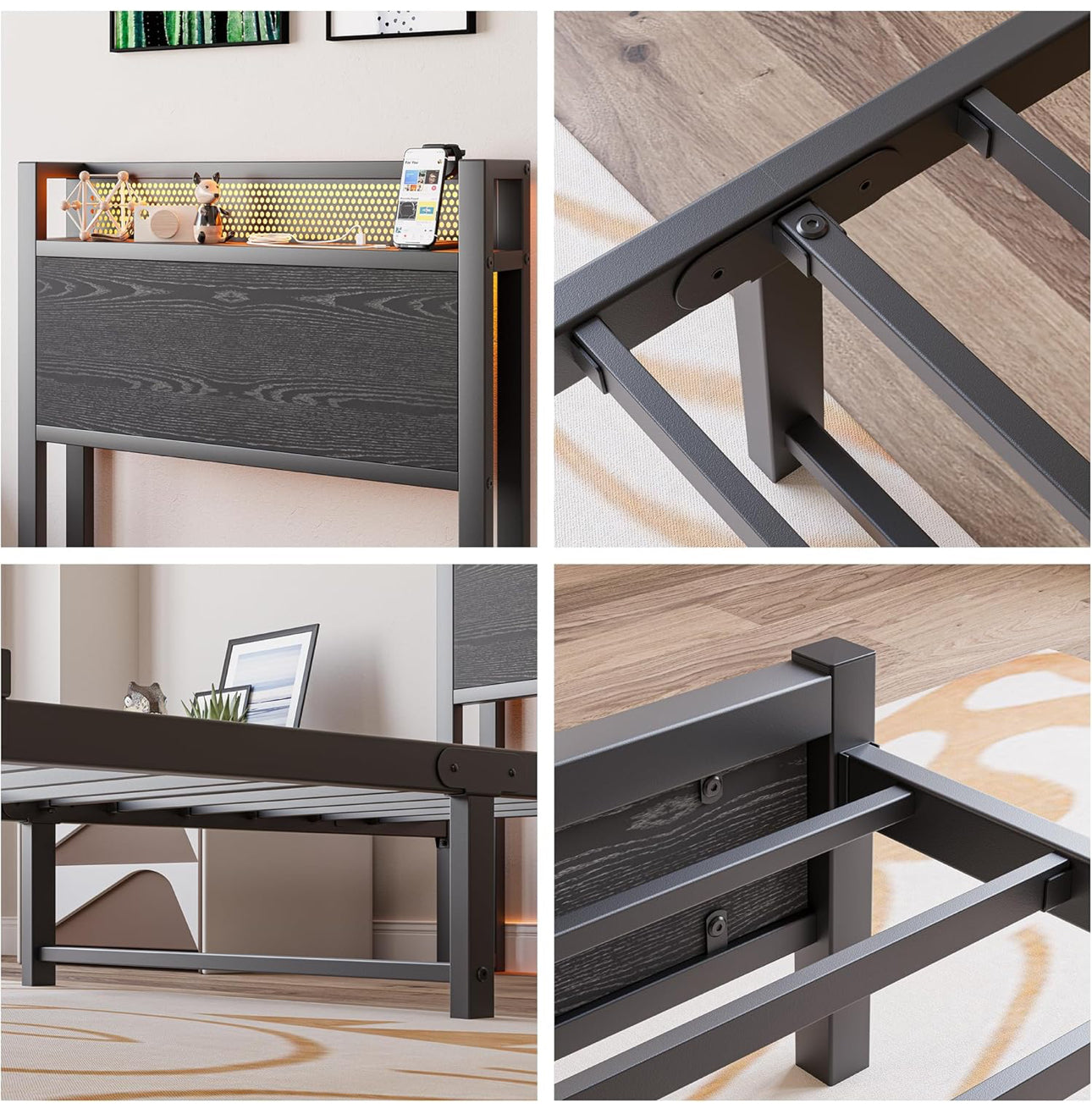 Single Bed Frame with Storage Headboard Shelf,LED Lights,3ft Metal Bed Frame Single Bed with Charging Station