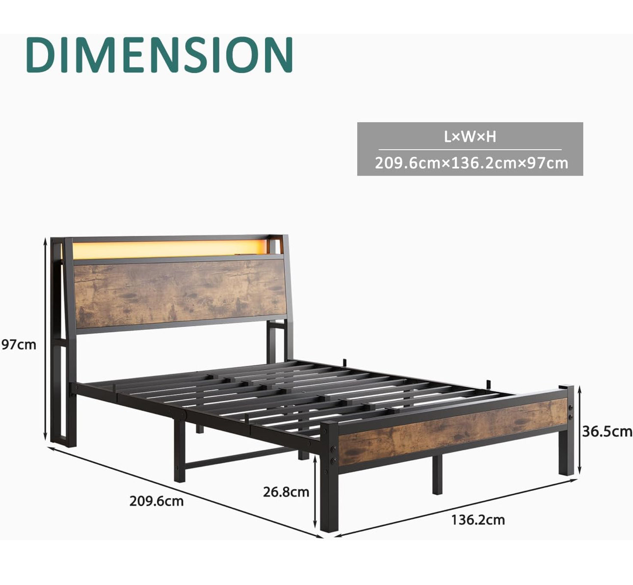 Double Size Bed Frame with Charging Station and LED