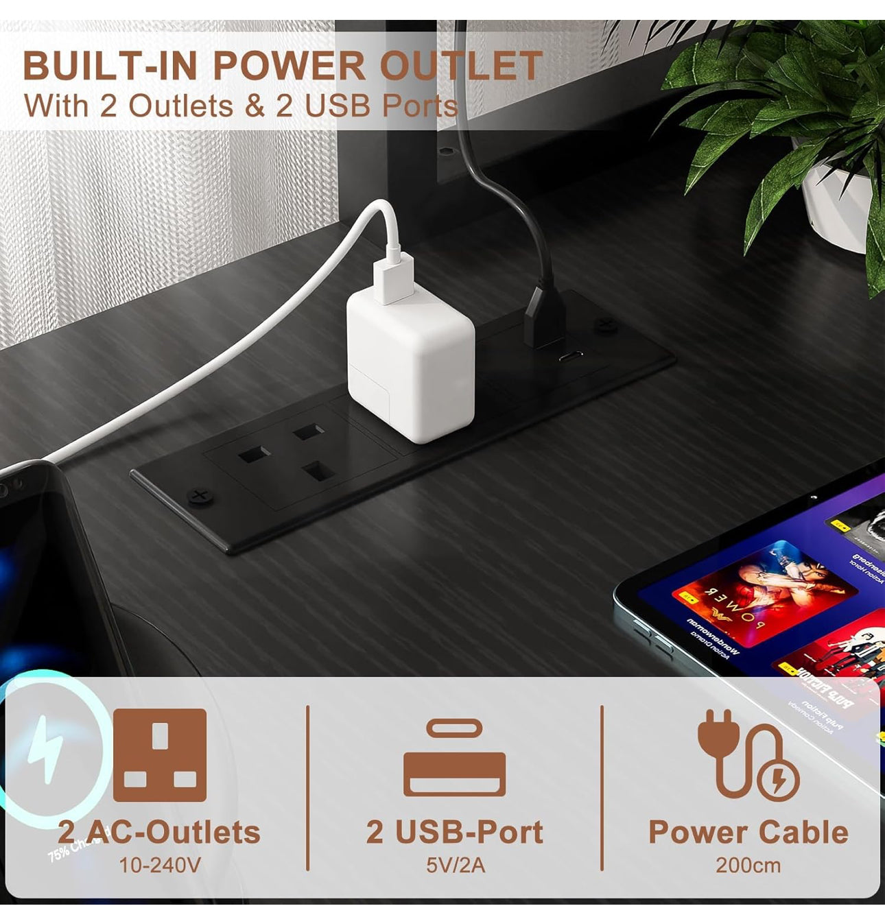 L Shaped Gaming Desk with Power Outlets & LED Lights