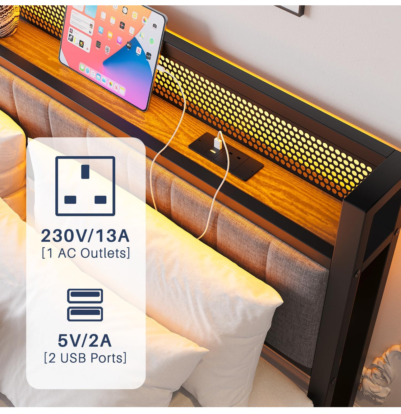 King Size Bed Frame with Upholstered Headboard, Wooden Storage Headboard Shelf, 5ft Upholstered Bed Frame Kingsize with Charging Station/USB Ports and LED Lights
