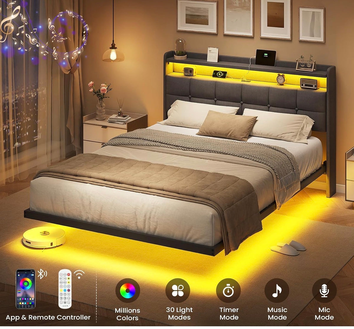 4ft6 Floating Double Bed Frame 135×190CM with LED Lights & Charging Station, Metal Platform Bed frame with Upholstered Headboard, Easy Assembly,Noise Free,No Box Spring Needed,Dark Gray Linen