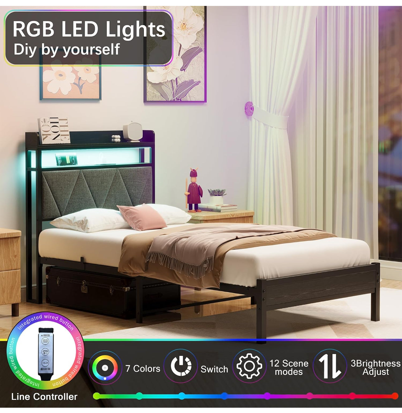 Single Bed Frames with 3ft Upholstered Wooden Two shelf Storage Headboard, Charging Station,LED Lights