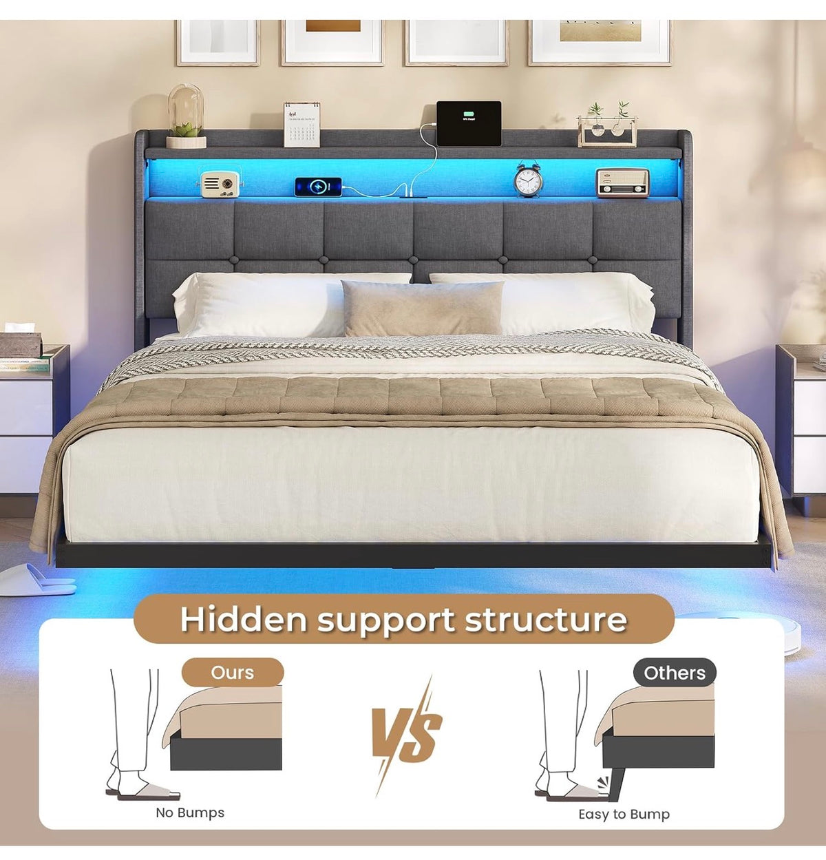 4ft6 Floating Double Bed Frame 135×190CM with LED Lights & Charging Station, Metal Platform Bed frame with Upholstered Headboard, Easy Assembly,Noise Free,No Box Spring Needed,Dark Gray Linen