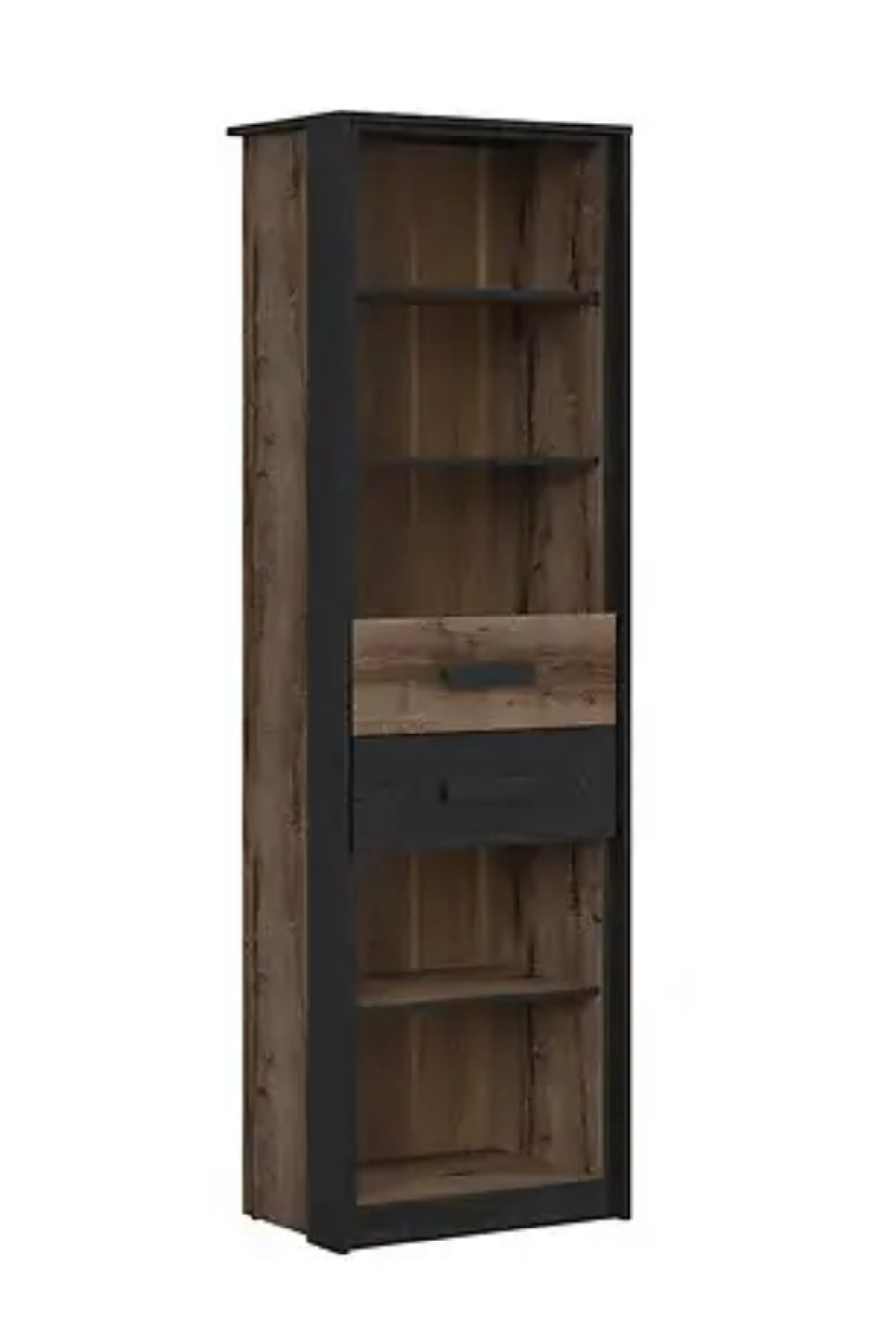 Bookcase Tall Slim Shelf Unit with Drawers Storage Display Shelving Cabinet Oak/Black Effect