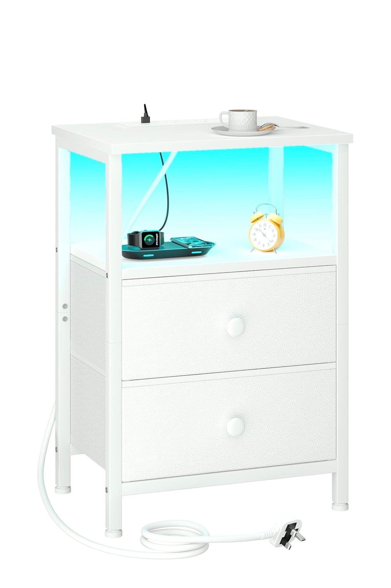 Bedside Table with Charging Station, Side Table with LED Light, Nightstand with 2 Fabric Drawers and Open Storage Shelf, Small Bedside Cabinet for Living Room, Bedroom, White