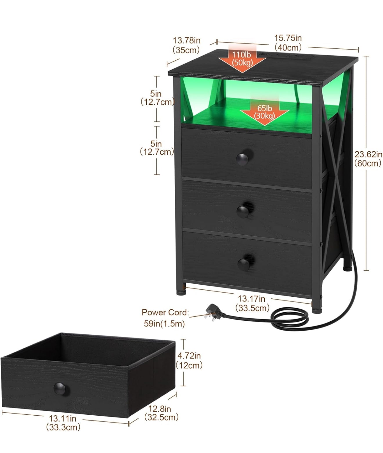 Bedside Table Set of 2 with Charging Station Black
