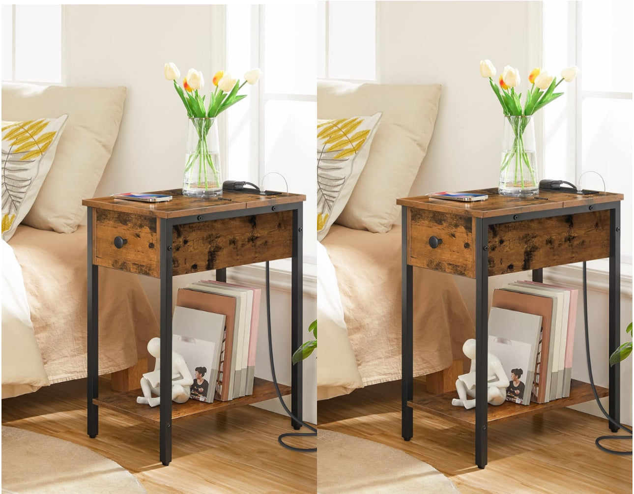 Narrow Side Table, Slim Bedside Table with Charging Station