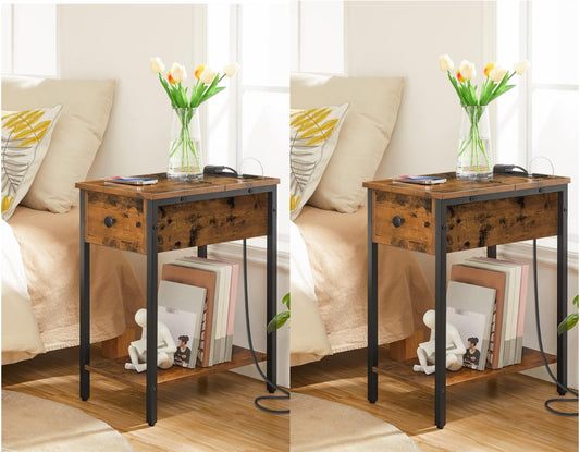 Narrow Side Table, Slim Bedside Table with Charging Station