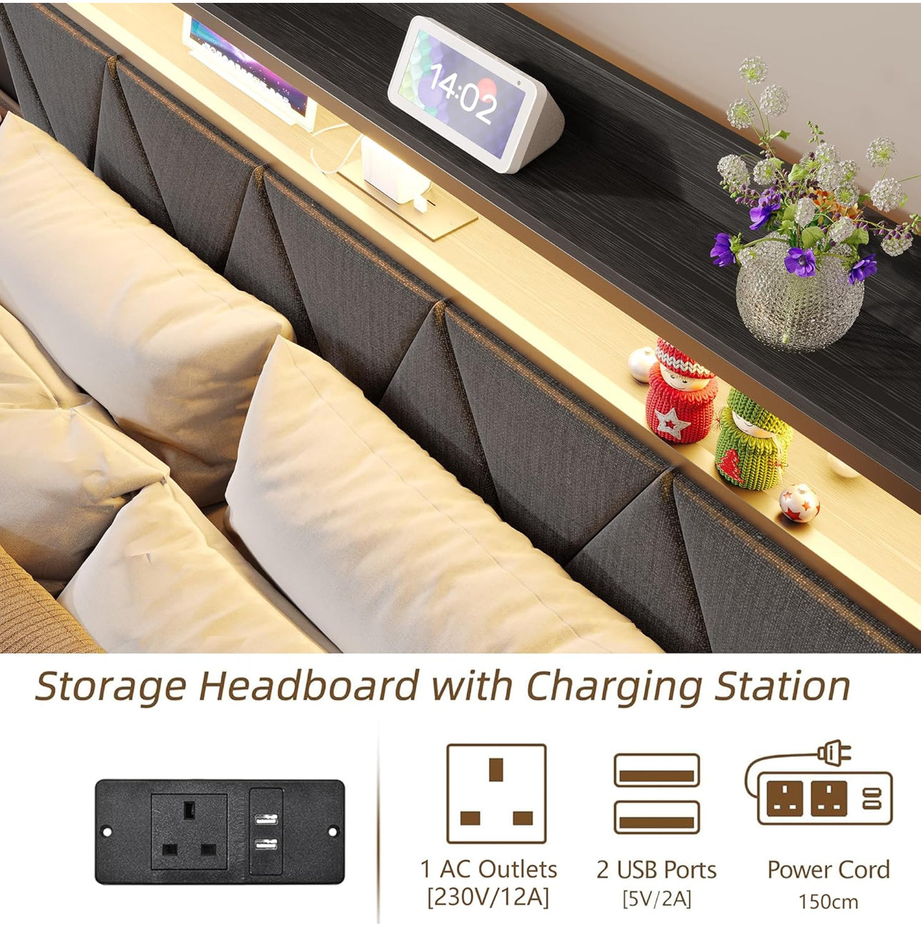 King Bed Frames with 5ft Upholstered Wooden Two-shelf Storage Headboard, Charging Station,LED Lights