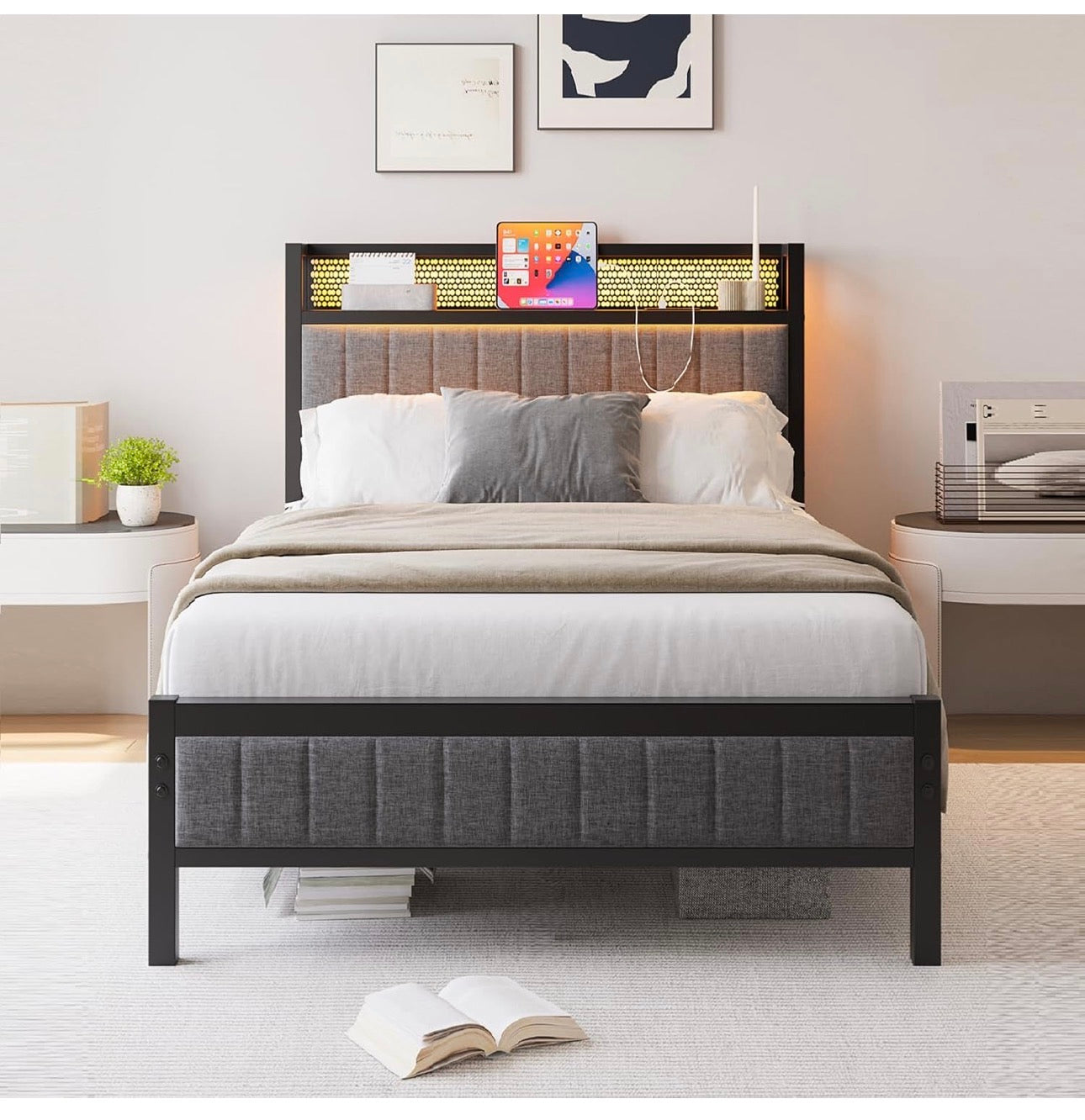 Single Bed Frame with Upholstered Headboard, Wooden Storage Headboard Shelf, 3ft Upholstered Bed Frame with Charging Station/USB Ports and LED Lights (Gray Single Bed)