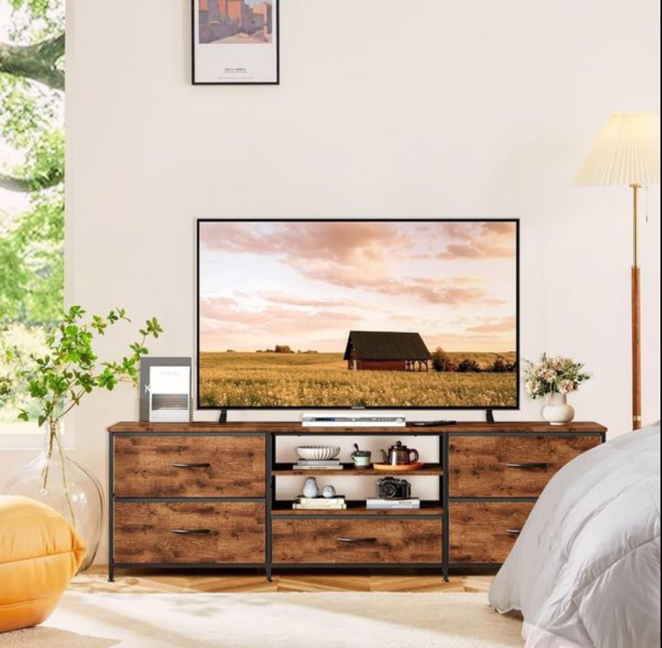 TV Stand Cabinet, TV Unit TV Console Table with 5 Drawers Storage Organizers