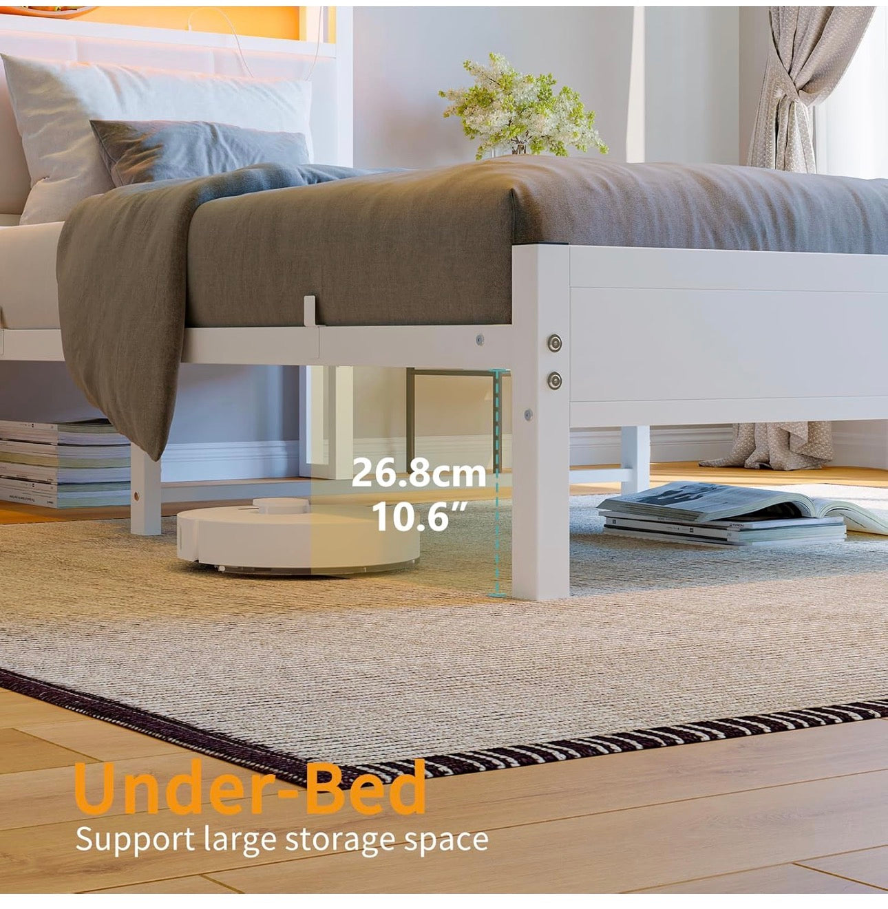 3FT Single Bed Frame with LED Lights and Charging