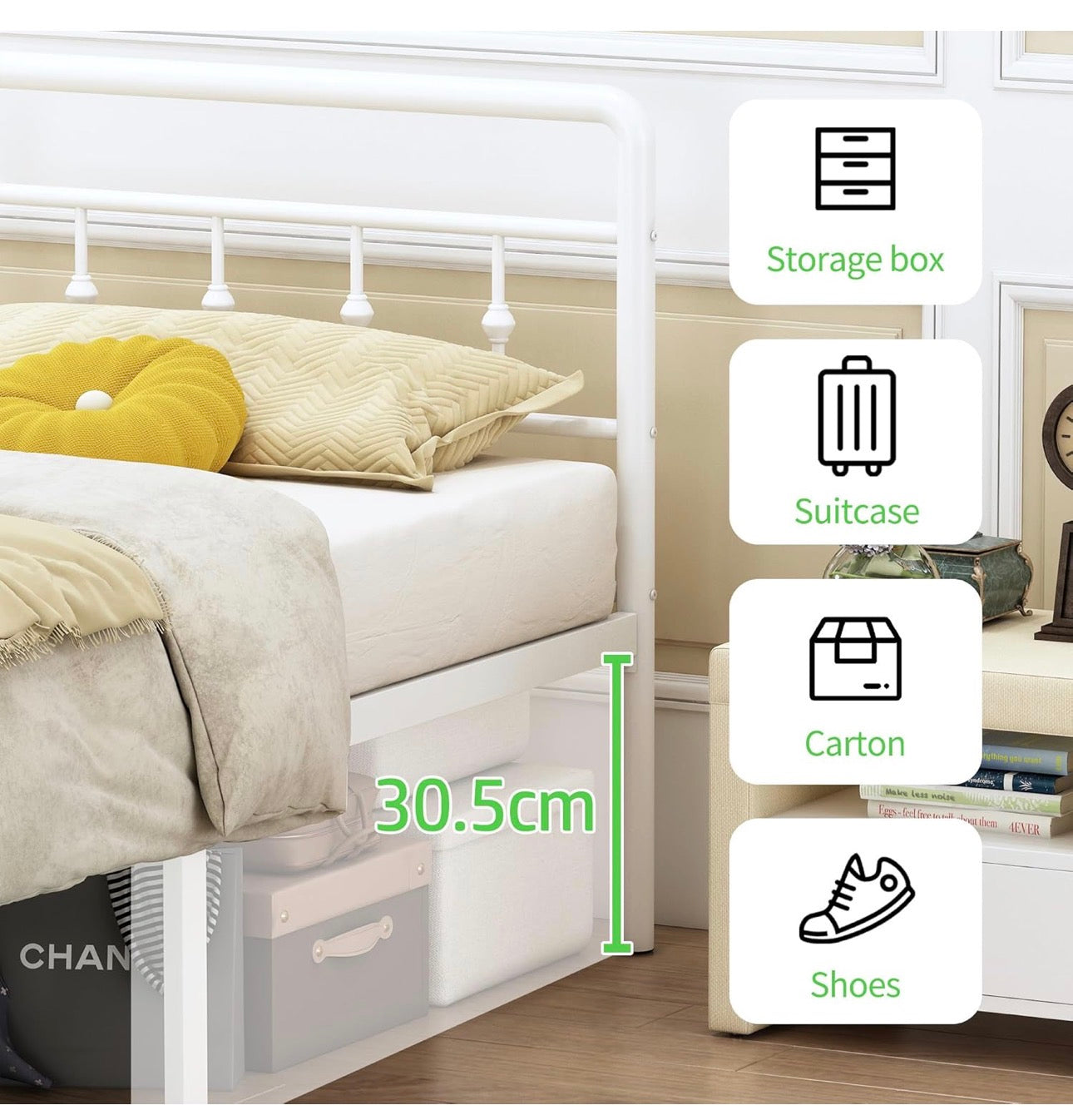 3ft Single Bed Frame with Victorian Headboard and Footboard, Single Metal Bed Frame Heavy Duty Strong Slats, Ample Storage Space, Noise Free, Easy Assembly, White