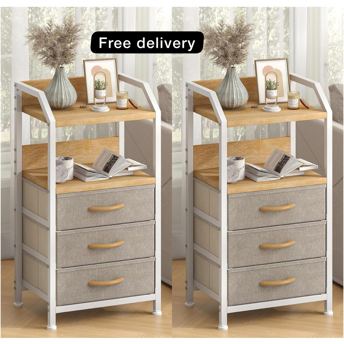 Bedside Table with 3 Fabric Drawers and Open Shelf, Nightstand for Bedroom, Living Room, Small Spaces – Metal Frame & Wooden Top, Compact Sofa End Table with Storage for Home Décor, Khaki