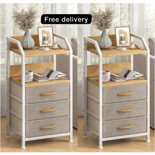 Bedside Table with 3 Fabric Drawers and Open Shelf, Nightstand for Bedroom, Living Room, Small Spaces – Metal Frame & Wooden Top, Compact Sofa End Table with Storage for Home Décor, Khaki