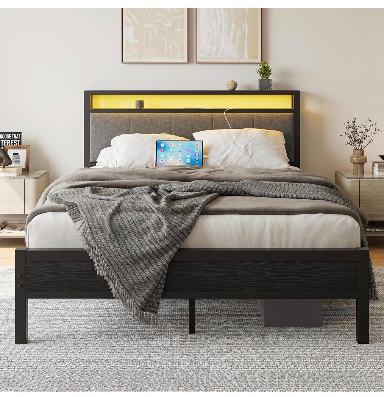 5FT King Size Bed Frame with LED Lights and Charging Station, Heavy Duty Metal Platform Upholstered King Bed frame with Storage Fabric Headboard,Metal Slats Support,Mattress Foundation (Black)