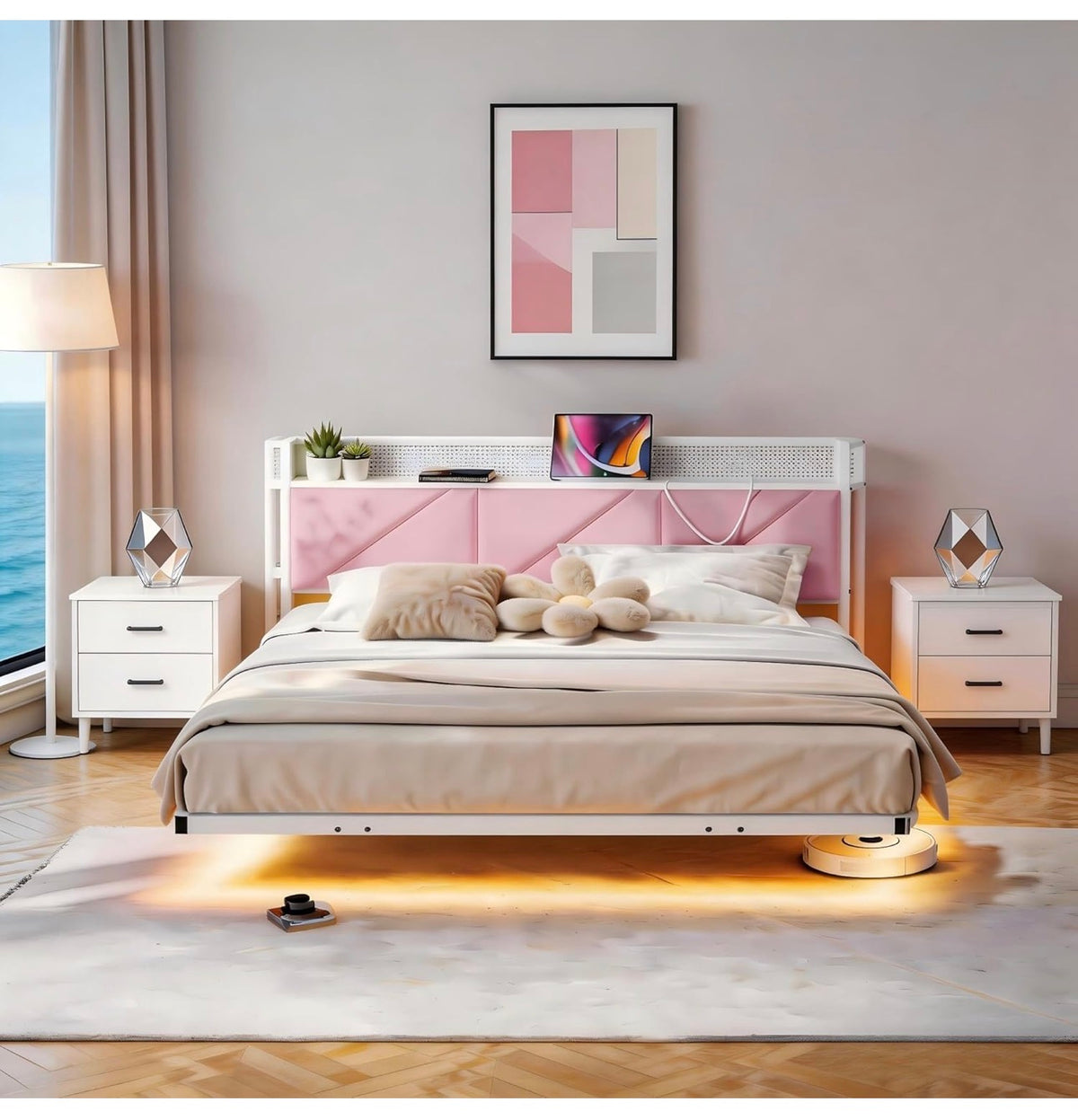 King Size Bed Frame with Floating Upholstered Storage Headboard,Pink
150x200cm Metal Bed Frame with LED Lights & USB Charging, 5ft King Platform Bed, Heavy Duty Metal Slats, Noise Free