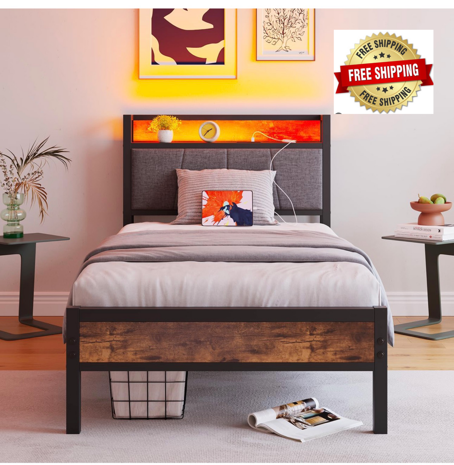 3ft Single Bed Frame with Storage Headboard,LED Lights Brown