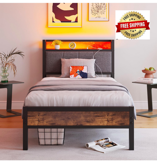 3ft Single Bed Frame with Storage Headboard,LED Lights Brown
