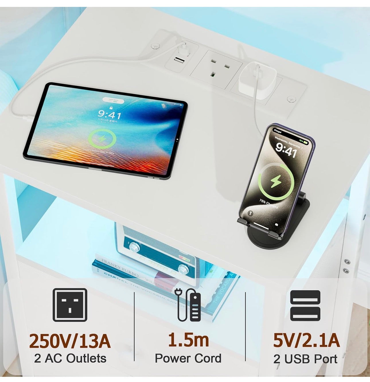 Bedside Table with Charging Station, Side Table with LED Light, Nightstand with 2 Fabric Drawers and Open Storage Shelf, Small Bedside Cabinet for Living Room, Bedroom, White
