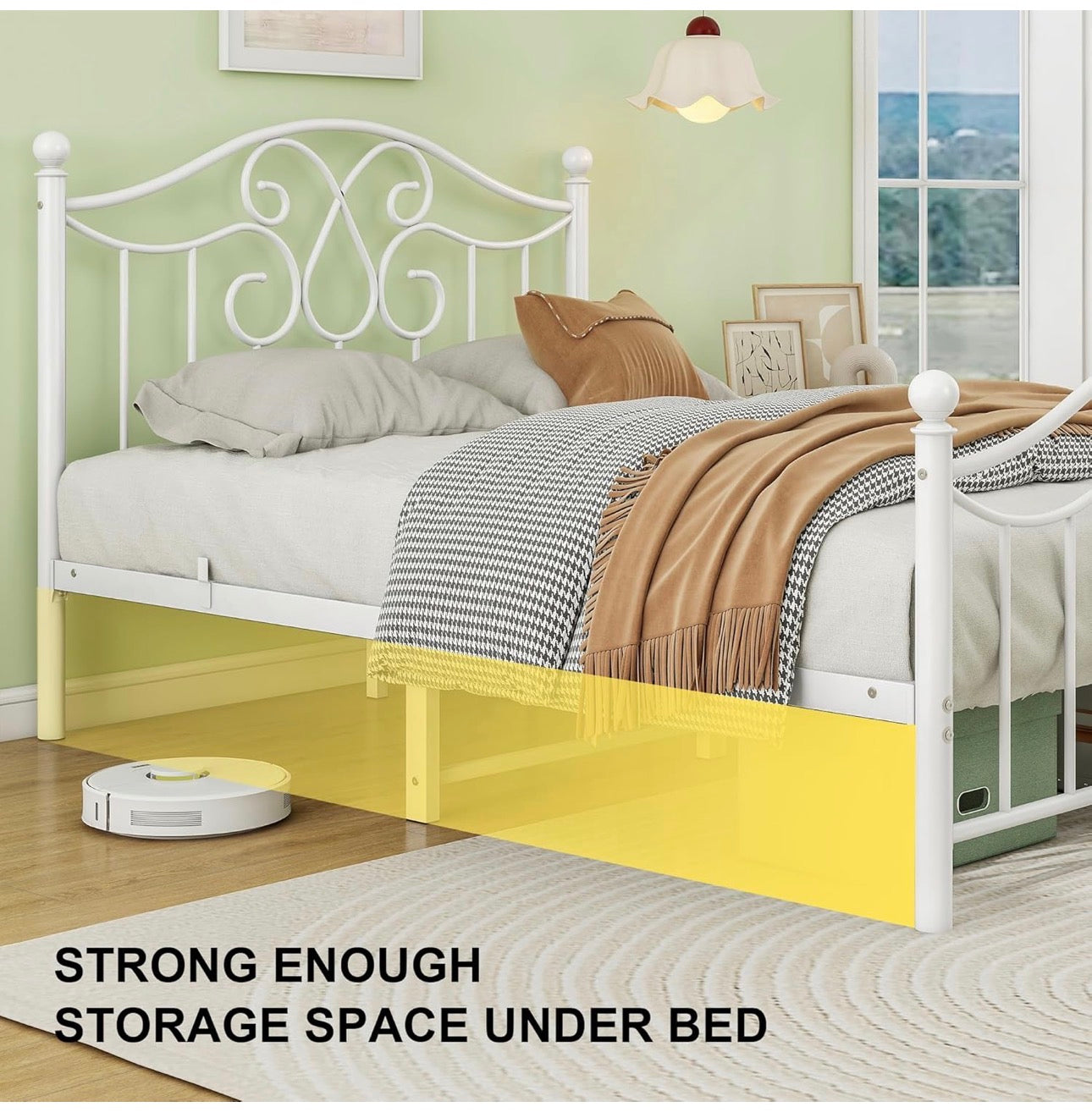4ft6 Double Bed Frame with Headboard and Footboard Metal Bed Frame Double Mattress Foundation No Box Spring Needed/Easy Assembly/Bedstead Base/White