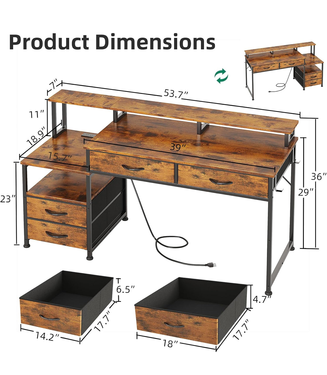 135cm Computer Desk with Power Outlet and Charging