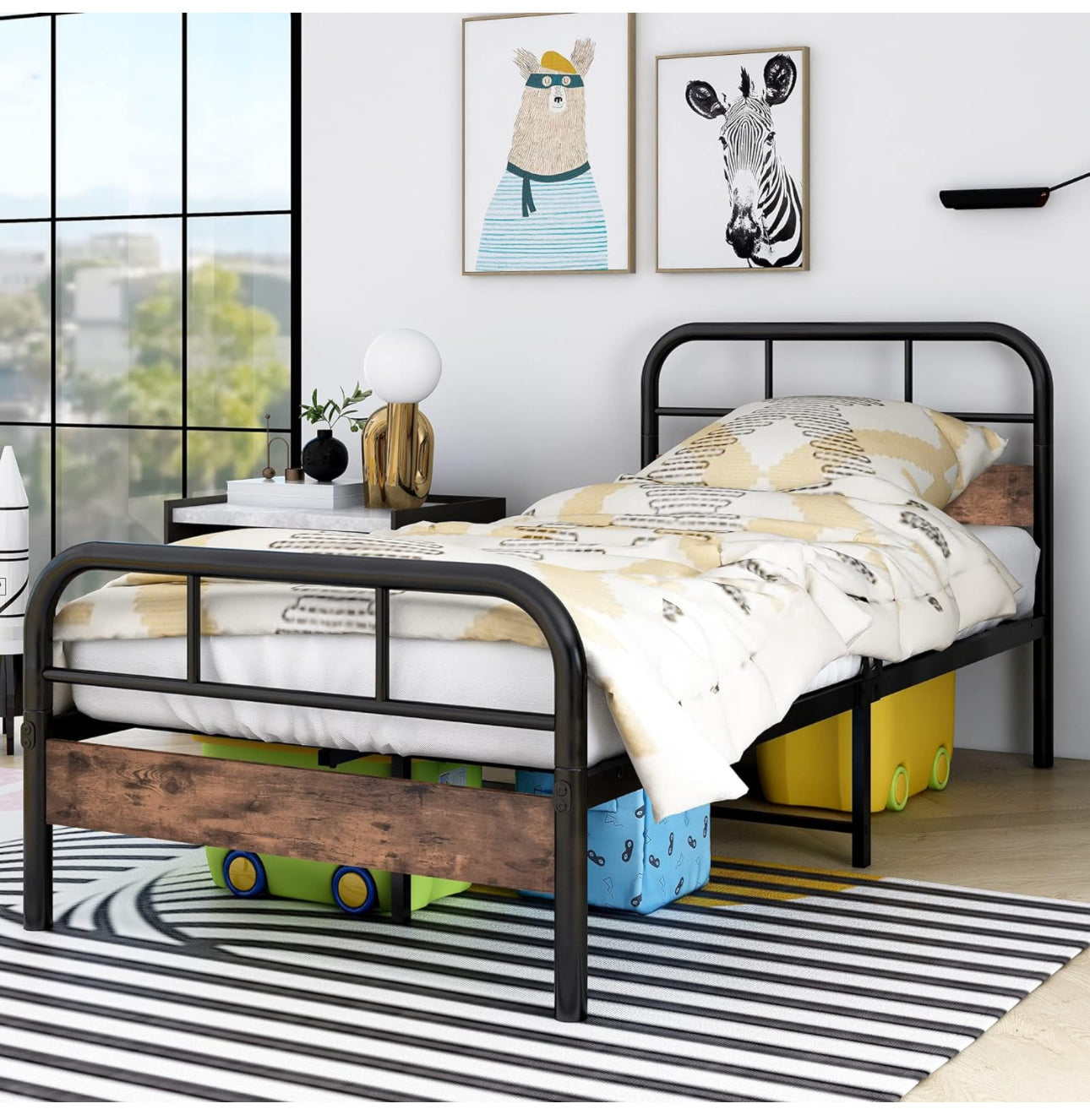 Single Bed Frame with Wooden Headboard