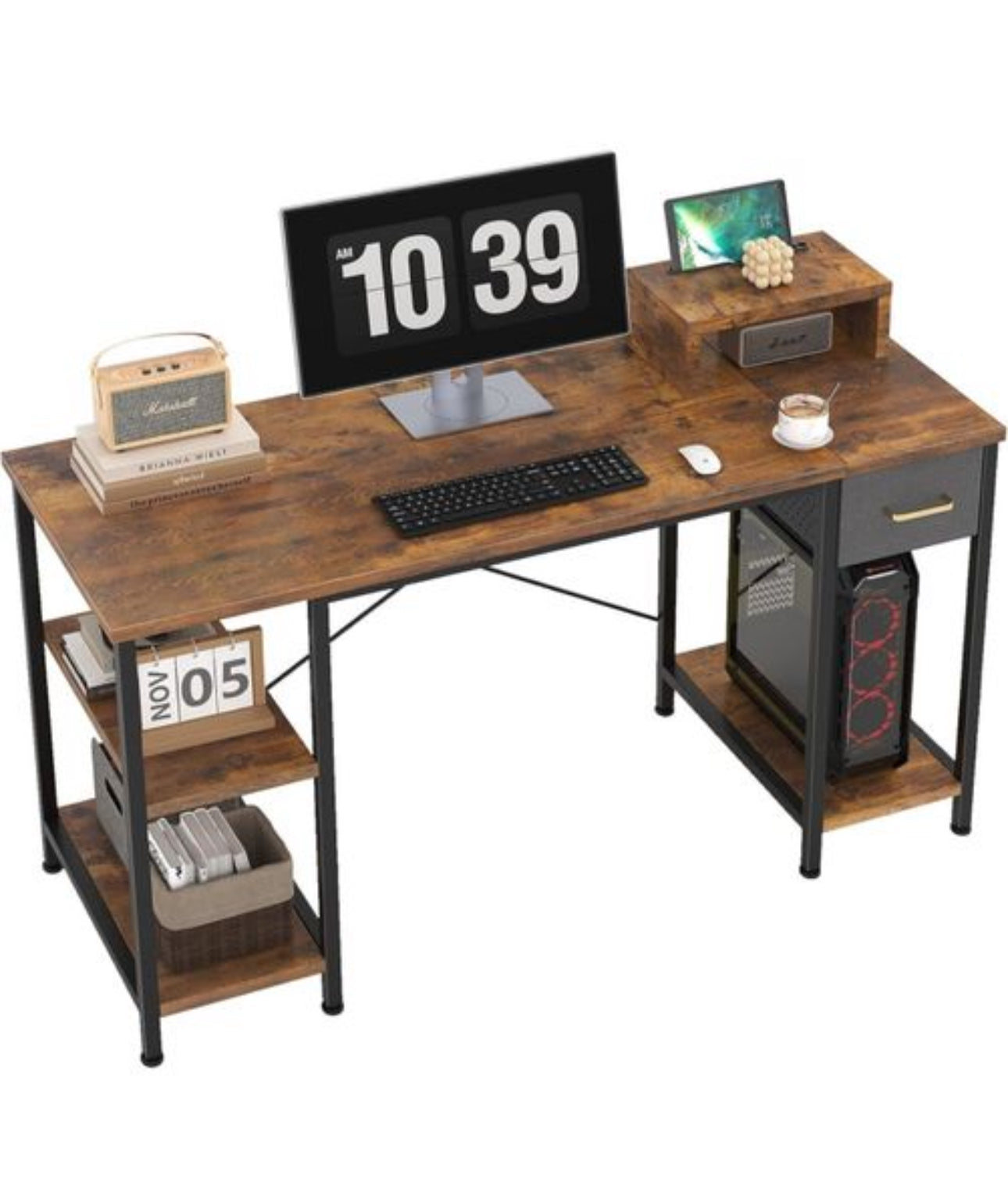 140cm Computer Desk with Drawer & 2 Storage Shelve