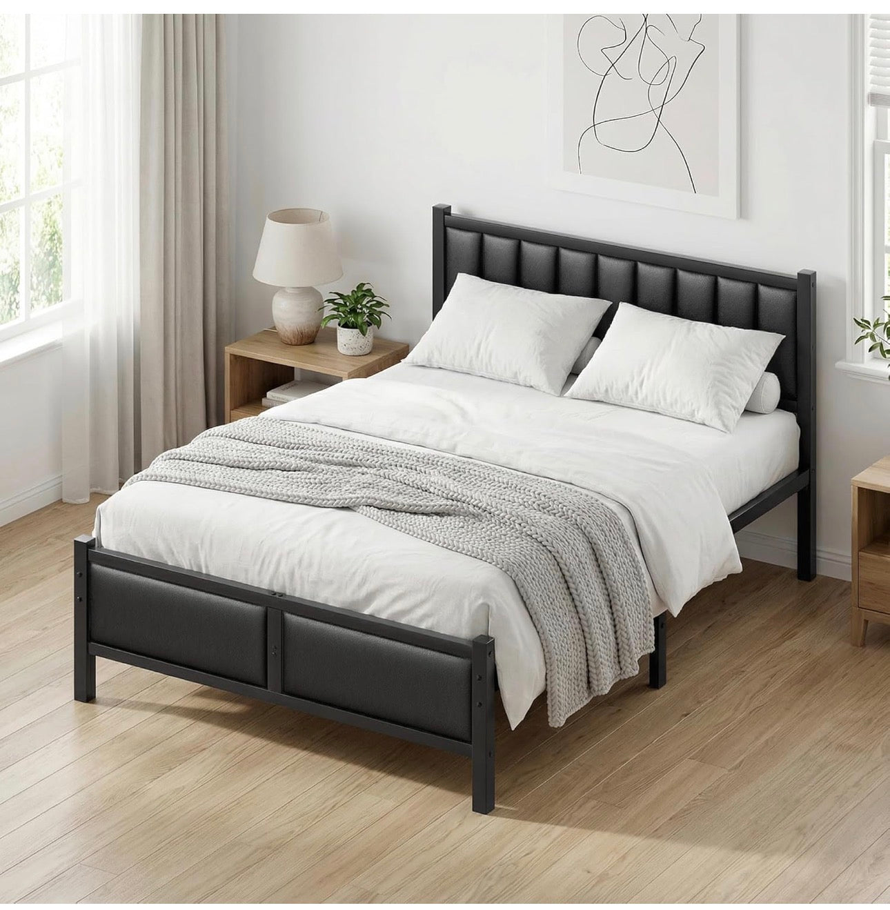 Double Bed Frame with Upholstered Headboard, 4ft6 Metal Beds with Heavy Duty Steel Slats Support Platform, Black Double Bed with Storage, Noise Free, Easy Assembly, No Box Spring Needed