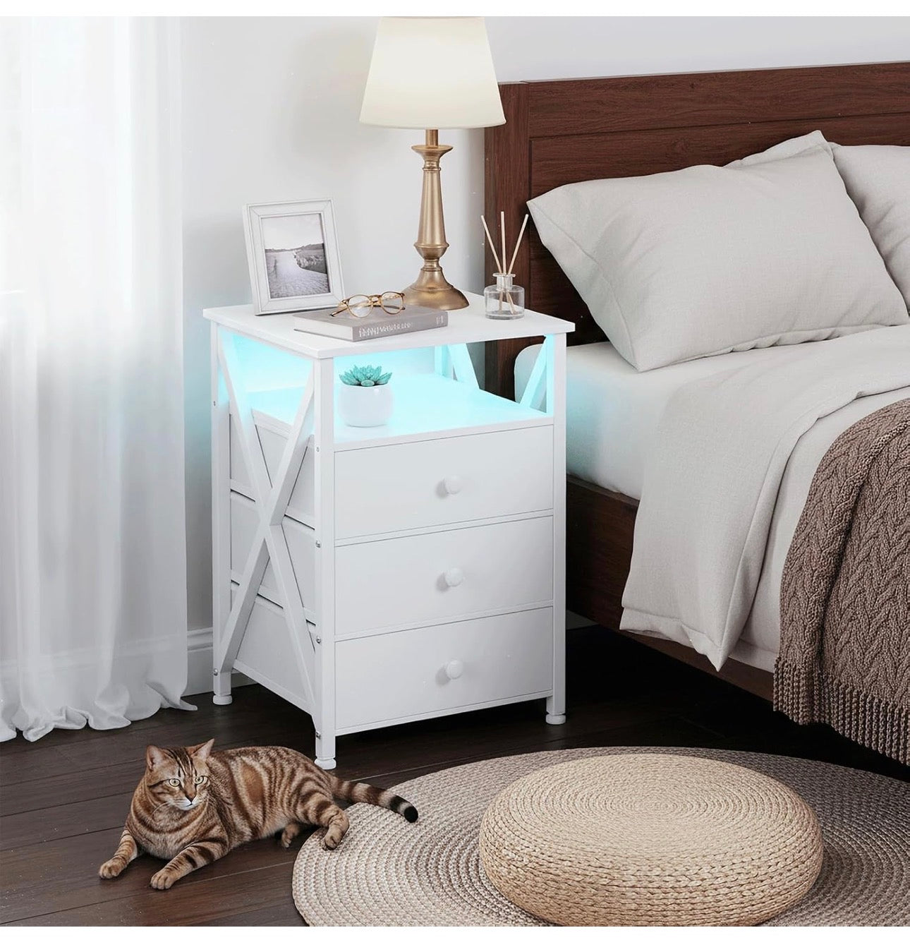Bedside Table Set of 2 with Charging Station, Side Table with Led Lights, Bedside Cabinet with 3 Fabric Storage Drawers, End Table, Sofa Side Table, Nightstand for Living Room