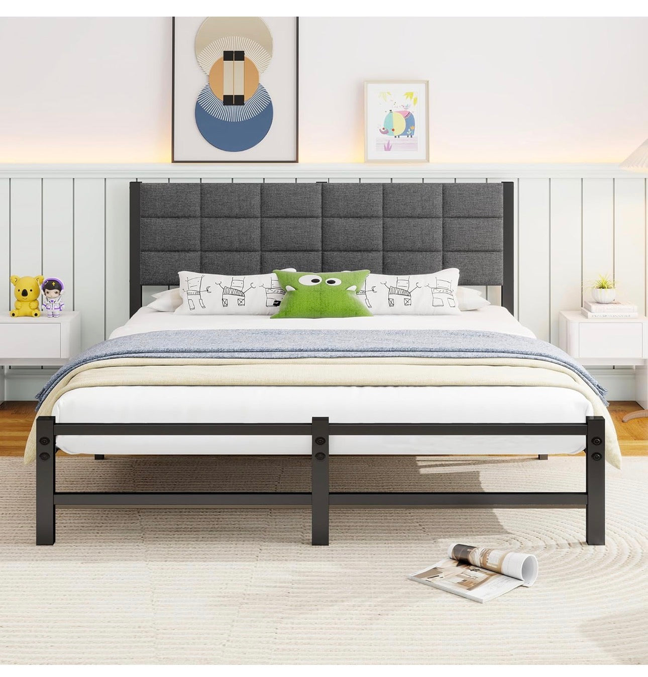 5ft King Size Bed Frame with Headboard,Metal Bed Frame Kingsize Bed Upholstered Platform Bed with Steel Slat Support,No Box Spring Needed,Easy Assembly,Noise Free,Grey Linen
