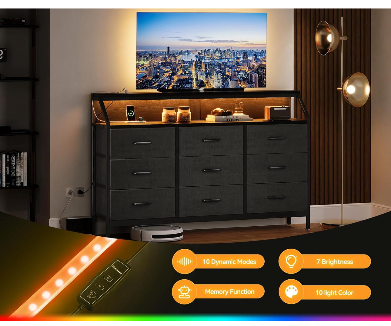 Black Chest of Drawers Bedroom with 9 Fabric Drawers, Storage Dresser with 2 Sockets 2 USB Ports and LED Light