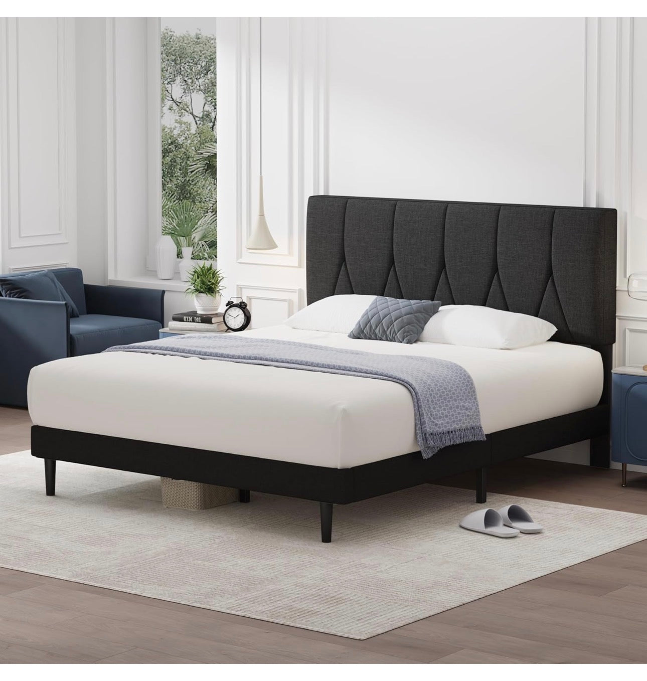 Small Double Bed Frame, Black, Upholstered Wooden Slat Bed Frame with Headboard