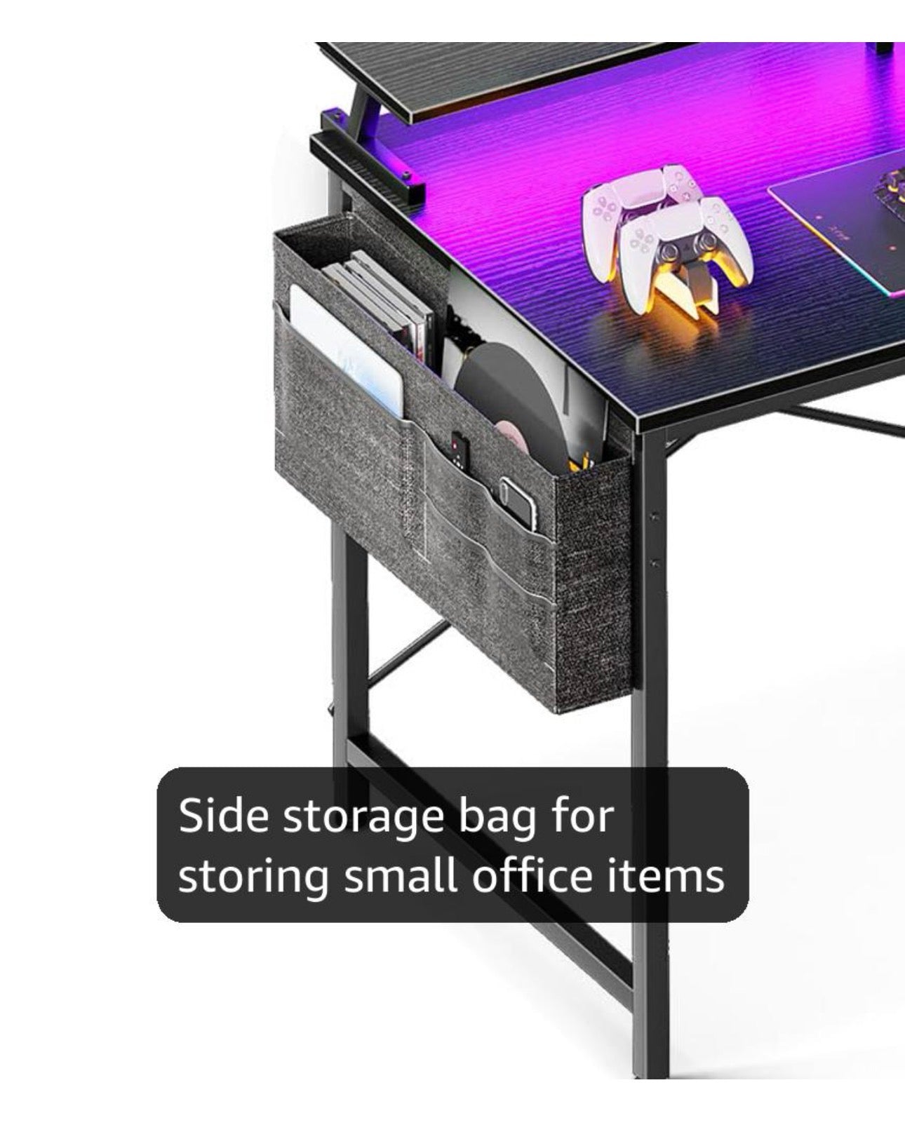 L Shaped Gaming Desk with LED Lights, 120 × 80 cm Computer Desk with Power Outlet, Reversible Corner Gaming Table with Storage Shelves & Monitor Stand, Black