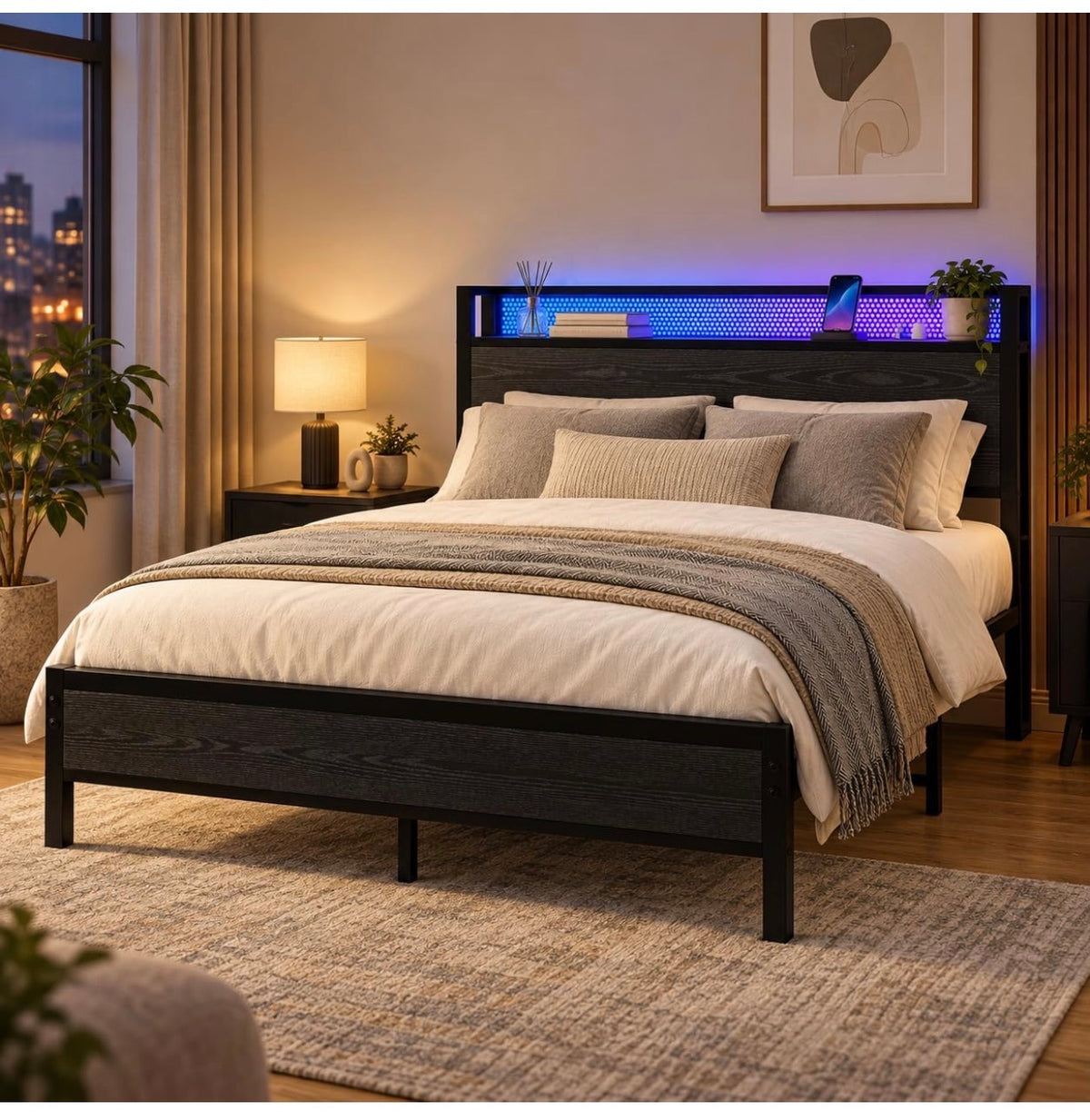 Double Bed Frame with LED Lights Storage Headboard,4ft6 Metal Bed Frame Double Bed with Charging Station,Strong Steel Slats Support,Underbed Storage,Noise Free,Black Bed 135x190cm