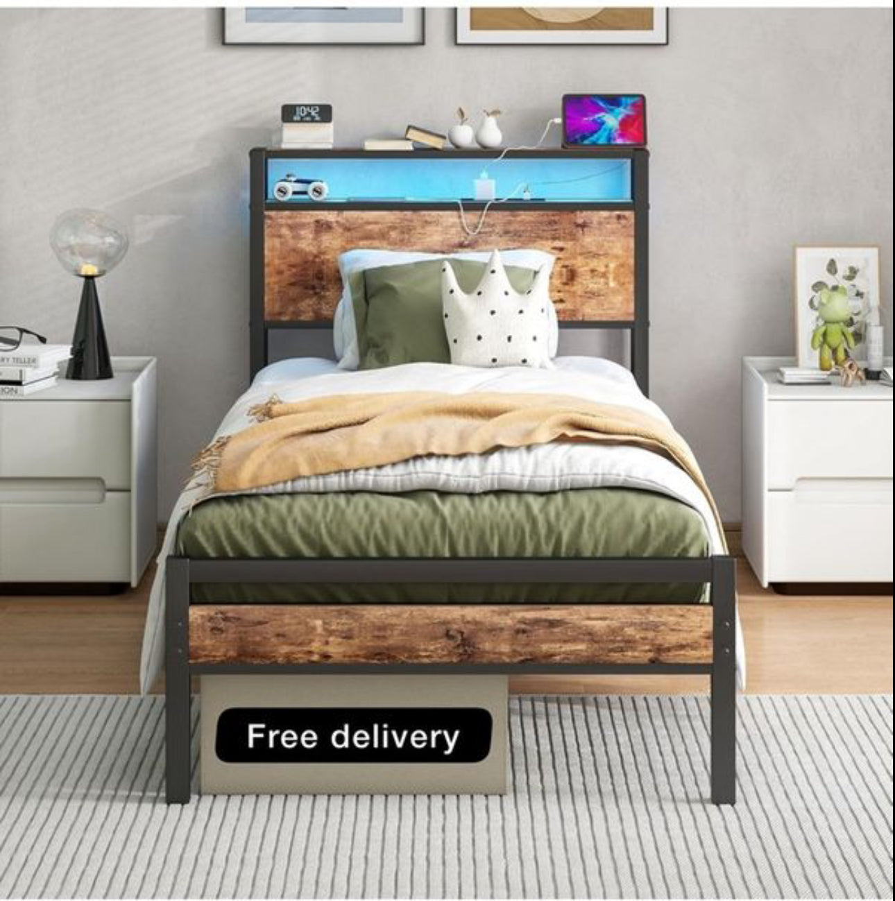 Single Bed Frame with Storage Shelf Headboard &amp; LED Lights,Metal Platform Bed Frame with Charging Station